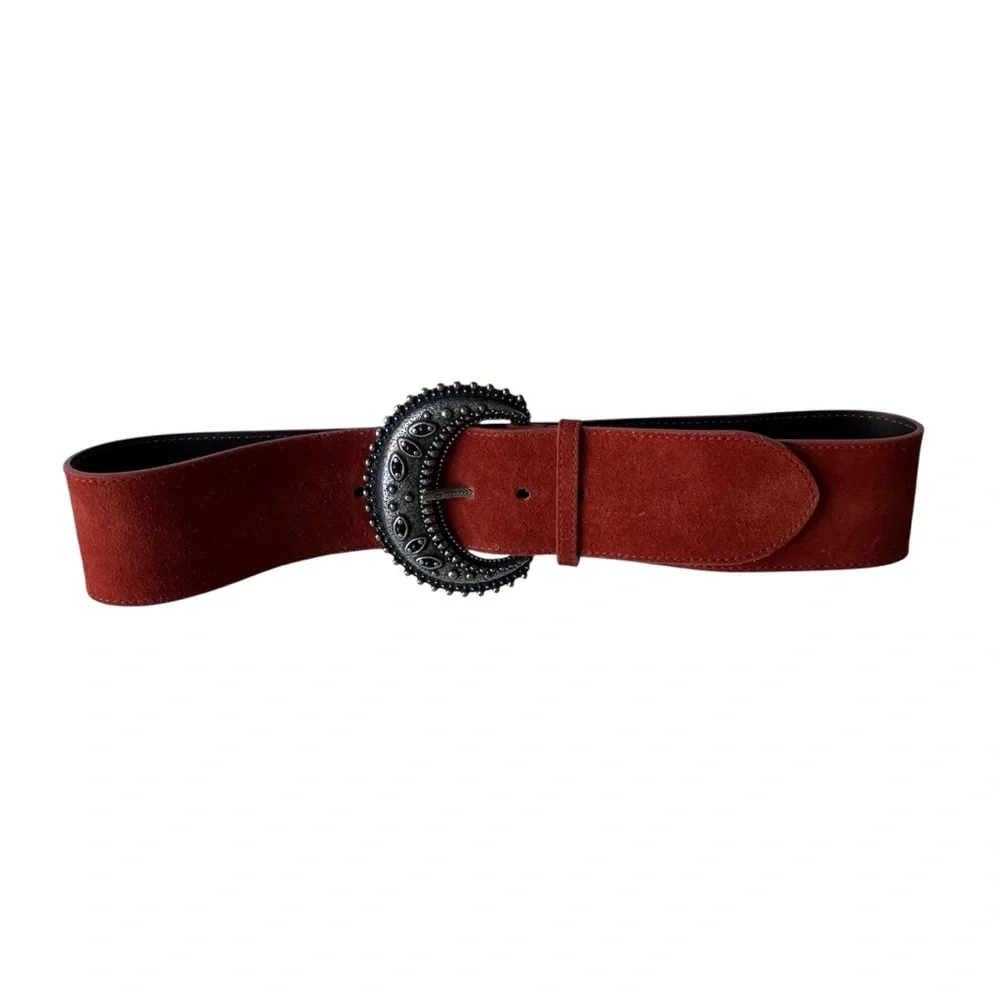 Sézane Rust Suede Wide Belt with Ornate Silver-Tone Buckle